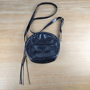 Hobo Black Genuine Leather Crossbody Round Purse Bag Zip Top Tassel Fringe
